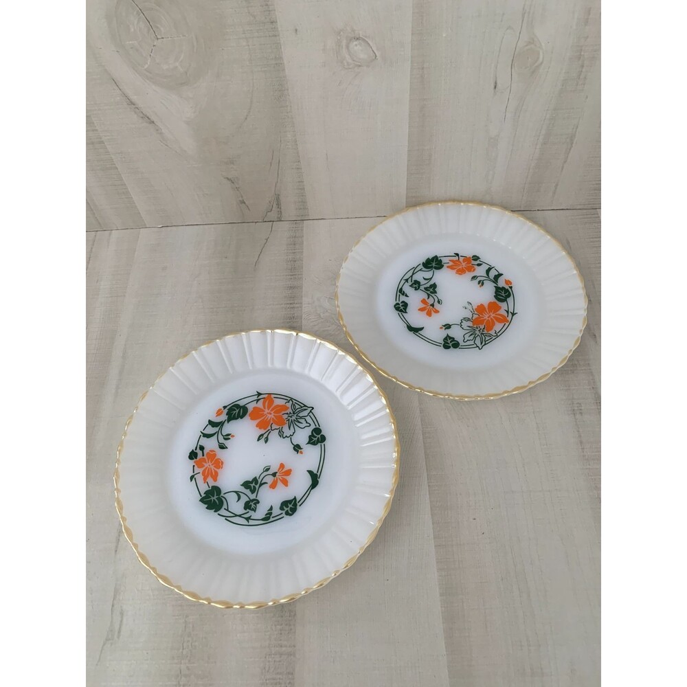 VTG Set of 2 TERMOCRISA MILK GLASS 8.75" Plates Orange Flowers Mexico Gold Rim